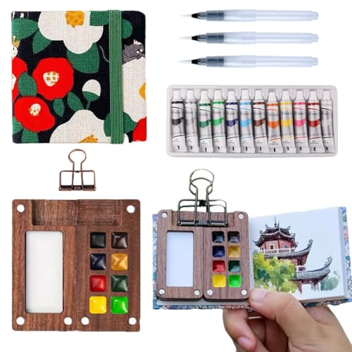 Aimery Mini Watercolor Paint Travel Set, Portable Pocket Size Water Color Painting Kit with Wooden Palette, Refillable Brush & Sketchbook(Black Cat) – Gift for Birthdays, Beginners, Art Lovers - style: Black Cat