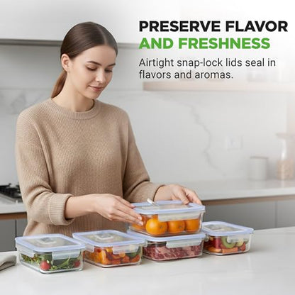 NutriChef 10-Piece Glass Food Containers - Stackable Superior Glass Meal-prep Storage Containers, Newly Innovated Leakproof Locking Lids w/Air Hole, Freezer-to-Oven-Safe (Blue) - color: Navy