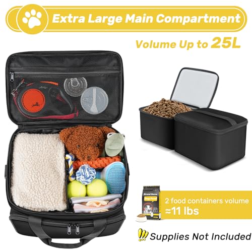 6 Set Dog Travel Bag, Large Pet Travel Kit for Supplies Includes 2 Food Containers, 1 Pet Organizer for Dogs, 2 Collapsible Bowls, 1 Treat Pouch, Dog Weekend Overnight Bag Luggage, Black - color: Black