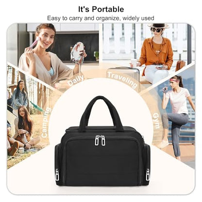 Travel Toiletry Bag for Women, Lightweight Wide-open Toiletries Travel Bag with Handle, Large Cosmetic Organizer with Makeup Brushes Compartment for Essentials for Trip, Camping - Black