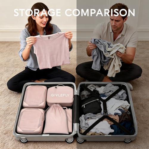GIVLEFLY Compression Packing Cubes for Travel, 6-Piece Lightweight Luggage Organizer Bags, Space Saving Suitcase Packing Set for Women - color: Pink