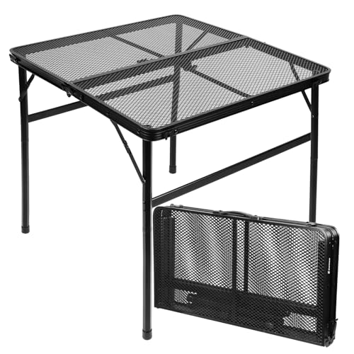 Square Folding Card Table with Adjustable Height (12" & 26"), Black Portable Metal Mesh Table for Camping, BBQ, Picnic, Game, Patio & Indoor Use, Fits 2–4 People, Lightweight 7.6 lb, Supports 66 lb - color: Black, size: Square - 27.2"L x 27.2"W x 12.2"/26