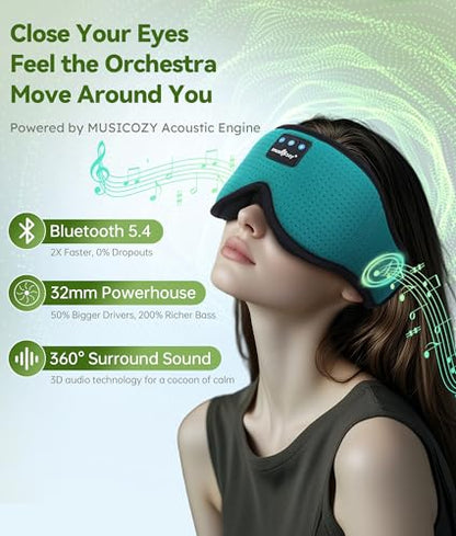 MUSICOZY Sleep Headphones Breathable Bluetooth Headband 3D Sleeping Headphones, Wireless Music Eye Mask Sleep Earbuds for Side Sleeper Women,Men Office Air Travel Cool Tech Gadgets Unique Gifts Green - color: Green