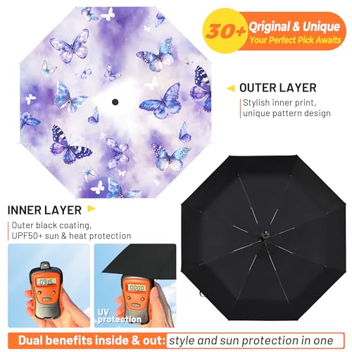 SY COMPACT Travel Umbrella - Windproof Automatic Compact Umbrella for Rain, Lightest 8-Rib, Small, Strong & Portable, Durable Grip, Fits Backpack & Car, Factory Direct (UV Available) - color: Purple Butterfly