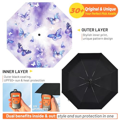SY COMPACT Travel Umbrella - Windproof Automatic Compact Umbrella for Rain, Lightest 8-Rib, Small, Strong & Portable, Durable Grip, Fits Backpack & Car, Factory Direct (UV Available) - color: Purple Butterfly