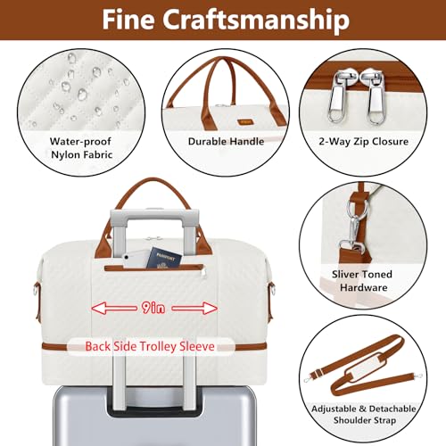 ITIEZY Weekender Overnight Bag for Women - Large Travel Duffel Bag with Shoe Compartment, Gym Duffel Bag Hospital Bag Carry On Tote Bags for Airplanes with Crossbody Bag Toiletry Bag 3Pcs Set - color: 9a-Beige