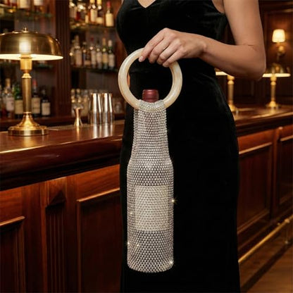 Wine Pouch Mesh Bag, Resin Handle Wine Bag, Sparkly Rhinestone Handwoven Mesh Bags, Party Water Bottle Bags Accessory, Daily Housewarming Party Use - color: White