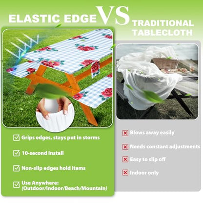 Fitted Picnic Table Cover with Bench Covers Set, Waterproof Lightweight Rectangle 72in Folding Table Cloths Canopy Shade Slipcover Cool Unique Fun Camping Gift for Camper Women Men Family Rv Owners - color: Blue Plaid Rose, size: 72in