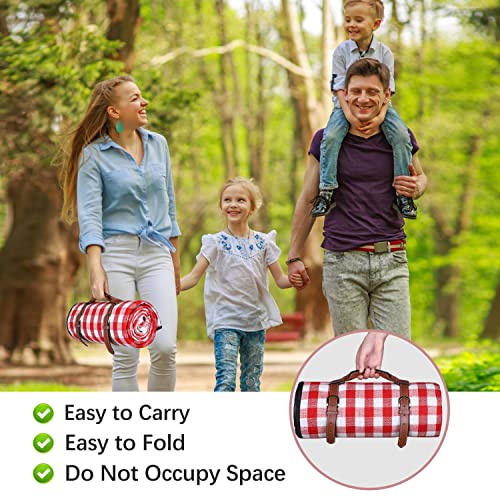 Extra Large Picnic Blanket, 80"x60" Waterproof Sandproof Beach Mat, Soft Foldable Outdoor Camping Mat with PU Carrier, Red White Plaid Portable Mat for Lawn, Grass, Travel & Park