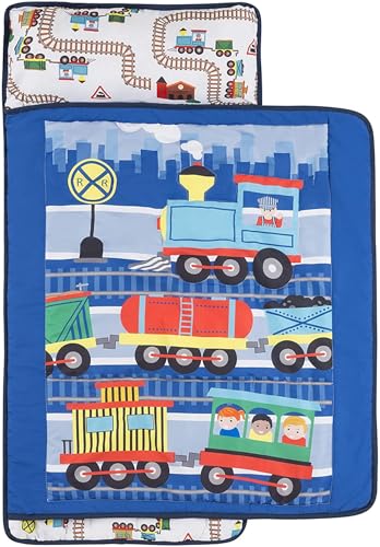 EVERYDAY KIDS Toddler Nap Mat with Removable Pillow -Choo Choo Train- Carry Handle with Fastening Straps Closure, Rollup Design, Soft Microfiber for Preschool, Daycare, Sleeping Bag - Ages 2-6 Years - color: Choo Choo Train
