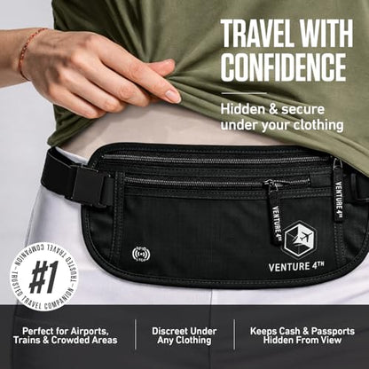 VENTURE 4TH Money Belt for Travel – Slim Hidden Under-Clothes RFID Blocking Anti-Theft Passport Holder & Travel Wallet Pouch for Men & Women to Protect Cash, Cards & Documents (Pure Black) - color: Pure Black