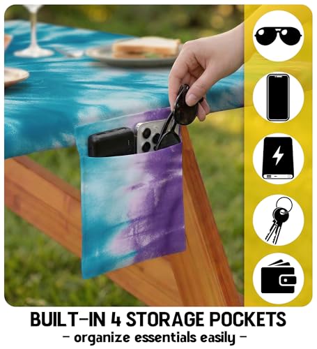 Picnic Table Cover with Bench Covers Waterproof Elastic Rectangle Tablecloth Camping Essentials Supplies Rv Car Travel Must Haves Gear Accessories Fitted Table Cloth Outdoor Road Trip Camper Gifts 6ft - color: Blue purple tie-dye, size: 72in