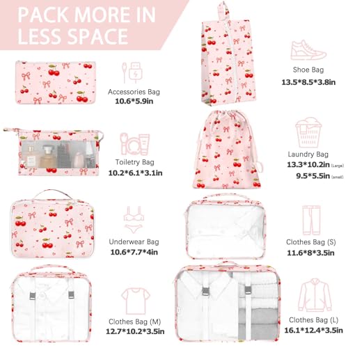 KPX 8 Set Packing Cubes for Travel, Luggage Packing Organizers Accessories Large Toiletries Bag for Clothes Shoes Cosmetics (8Set-Cherry & Bow) - color: 8Set-Cherry & Bow