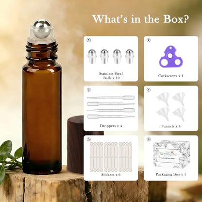 PrettyCare 24 Pack, 10 ml Essential Oil Roller Bottles with Stainless Steel Roller Ball - Refillable Leak-proof Empty Thick Amber Glass Roll on Bottles with Wooden Caps for Travel, Perfume - color: Amber with Wooden Cap, size: 24 Pack