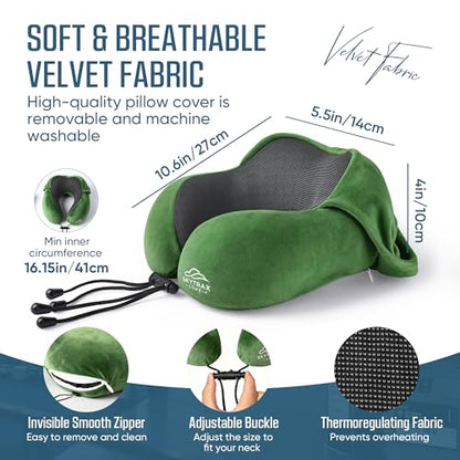 SkytraxComf® Travel Neck Pillow with Hood for Privacy on Long Flights | Memory Foam | Airplane Sleep | Safety-Tested Materials | Extra Large Hood | Chin Support | Earplugs | Washable Cover - color: Olive