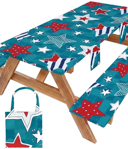 Picnic Table Cover with Bench Covers Camping Essentials Waterproof Windproof Fitted Tables and Seats Set Patio Outdoor Must Haves Stuff Tablecloth Kit Rv Owner Camper Overlanding Activities Gadgets - color: Blue Stars, size: 72in