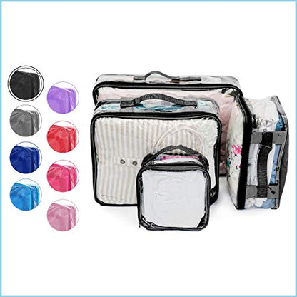 Clear Packing Cubes set of 4 / Packs 7-10 Days of Clothes/Premium PVC Plastic Storage Bags - color: Black