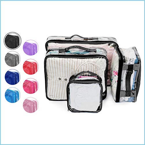 Clear Packing Cubes set of 4 / Packs 7-10 Days of Clothes/Premium PVC Plastic Storage Bags - color: Black