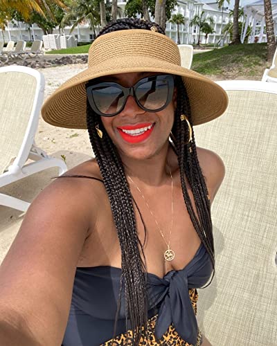 FURTALK Sun Hats for Women Wide Brim Beach Hat Straw Visor Ponytail Summer UV Packable Foldable Beach Vacation Essentials - color: Beige Khaki Mix