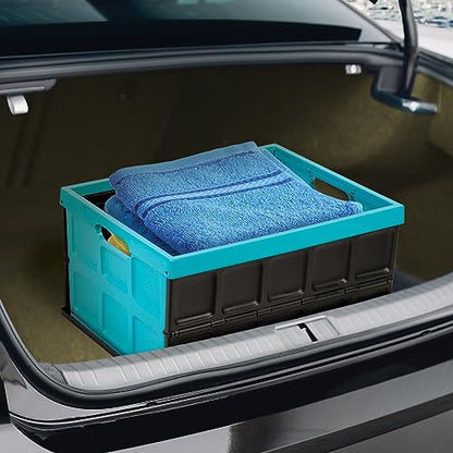 Glad Collapsible Storage Bin with Lid - 48L Foldable Plastic Box for Garage, Car Trunk, and Organization - Stackable Lidded Container with Handles, Turquoise - color: Turquoise