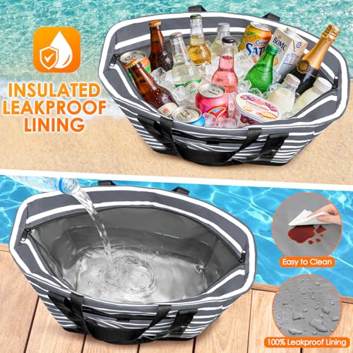 Cooler Bag Insulated, Soft Side Cooler, Reusable Grocery Bags with Zipper Closure, Thermal Leakproof Large Insulated Tote Bag for Hot/Cold Food for Grocery, Beach, Travel, Picnic - color: Gray and White