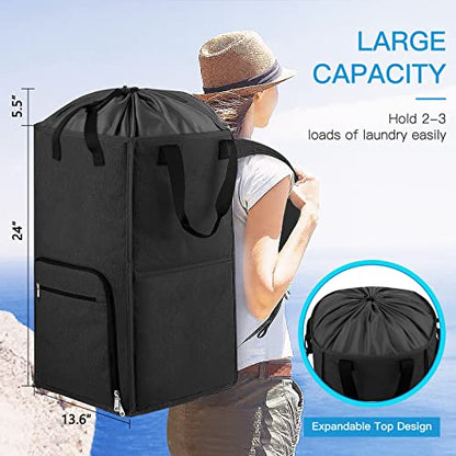 Laundry Backpack Bag, Bukere Extra Large 2 in 1 Laundry Hamper Basket for College Students Dorm Essentials, Adjustable Shoulder Straps, Freestanding Laundry Bag - color: Black