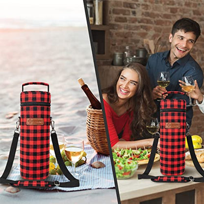 opux Wine Bag Single Bottle Carrier Tote, Insulated Wine Cooler Bag for Travel Picnic Beach with Shoulder Strap, Thermal One Bottle Holder Carrying Case Wine Gift for Women Men, Plaid Buffalo Red - color: Buffalo Plaid Red