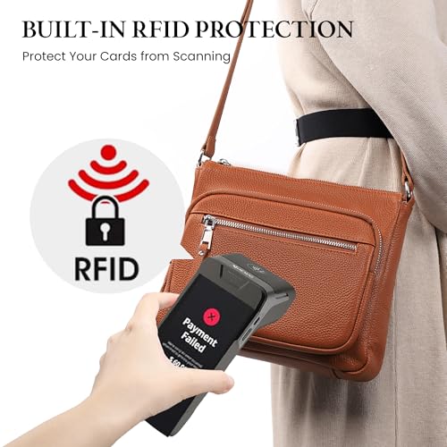 befen Anti Theft Genuine Leather Crossbody Bags for Women Handbags and Shoulder Basg with Built in Wallet RFID Leather Purse - color: Cognac Brown