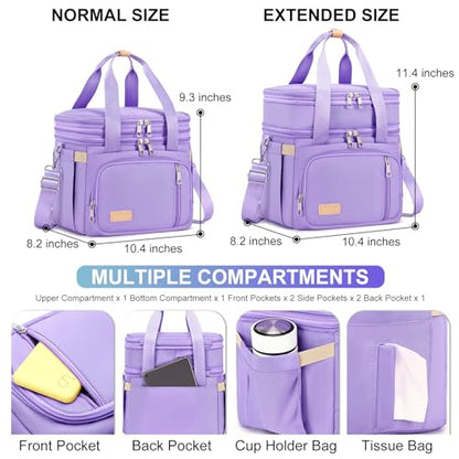 MAPLELILY Lunch Box for Men Women - Double Deck Insulated Lunch Bag, Large Leak Proof Tote Cooler, Wide Open Dual Compartment Lunch Bags with Shoulder Strap, For Work Picnic Hiking Beach, Purple - color: Purple