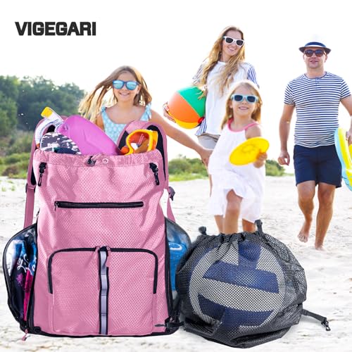 Large Beach Backpack Waterproof Sandproof - Customized Oversized Drawstring Pool Bag with Shoe Compartment for Toiletries, Towels, Gym, Travel - color: Light Pink