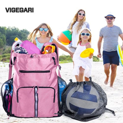 Large Beach Backpack Waterproof Sandproof - Customized Oversized Drawstring Pool Bag with Shoe Compartment for Toiletries, Towels, Gym, Travel - color: Light Pink
