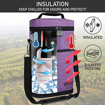 opux 2 Bottle Wine Carrier Tote, Insulated Leakproof Wine Cooler Bag, Wine Travel Bag for Picnic BYOB Beach, Portable Wine Bottle Carrying Case, Gift for Wine Lover Women Men Christmas, Purple - color: Heather Purple