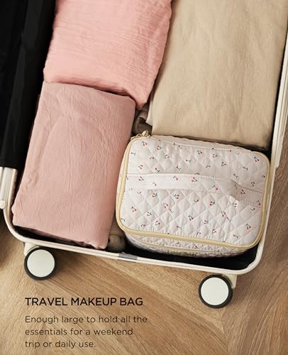 HBselect 2Pcs Travel Makeup Bag, Large Cotton Quilted Makeup Bag Cosmetic Bag Cute Make up Bag Toiletry Bags for Women Girls - color: 2PCS-CHERRY