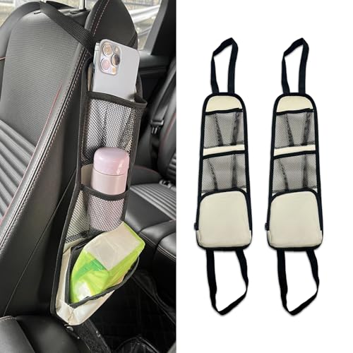 2PCS Car Seat Storage Hanging Bag, Car Seat Side Organizer, Multifunctional Cars Mesh Net Pocket, Multi-Pocket Seats Side Storage Interior Accessories Universal for Car SUV (Ivory White, 2PCS) - color: Ivory White, size: 2PCS