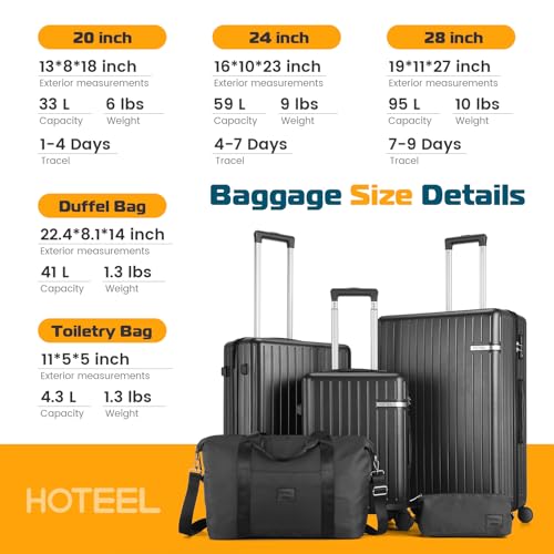 Hoteel Luggage Sets 5 Piece (4-YEARS WARRANTY), ABS+PC Suitcases with Wheels and Side Hook, Hardshell 20/24/28 inch Luggage with Duffel Bag Travel Bag, Black - color: Black, size: 5 Piece Set (20/24/28/DB/TB)