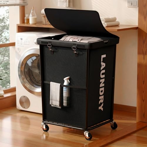150L Laundry Basket with Lid and Wheels, Rolling Laundry Hamper with Cloth Cover, Laundry Cart with Metal Frame & Removable Bag, Large Dirty Clothes Hampers for Bedroom, Laundry Room Bathroom, Black - color: Black, size: 150L