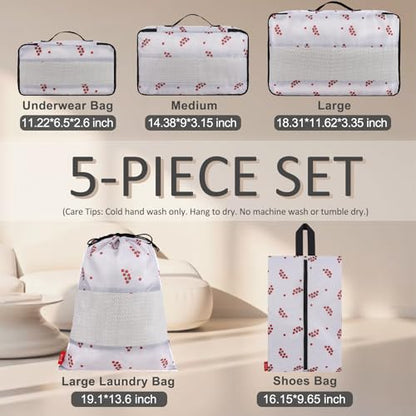 U+U 5 Set Packing Cubes for Travel Essentials Ultralight Luggage Packing Organizers with Laundry Bag and Shoe Bag for Vacation, Business Trip and Camping (Cherry Tomato) - color: Cherry Tomato