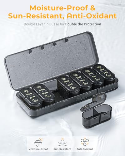 Pillex AM & PM Pill Organizer 7 Days, Weekly Pill Case 2 Times a Day, Pill Box 7 Day, Medicine Pill Organizer for Travel, Vitamins, Fish Oils, Supplements - color: Black