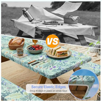 Picnic Table Cover with Bench Covers Camping Essentials Waterproof Windproof Camping Tablecloth with Drawstring Bag, Fitted Rectangle Tables and Seats, 96in, Gray Blue - color: Gray Blue, size: 96in