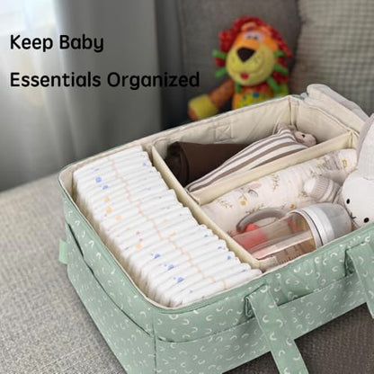 Diaper Caddy Organizer, Baby Basket for Baby Shower With Lid，Car Caddy for New Born，Portable and Foldable Baby Essentials with Handle/8 Side Pockets (cotton print)