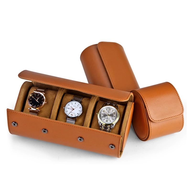 Watch Roll Travel Case - Handmade Leather Watch Rolls Box for Man - Travel Watch Roll with Velvet to Protection - Watch Roll Organizer to Home Secure Storage - color: 3-BROWN brown
