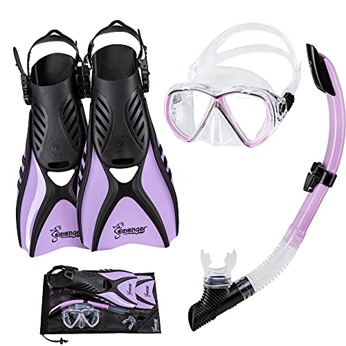 Seavenger Hanalei Anti-Fog 4-Piece Snorkeling Set with Soft-Flex Dry Snorkel, Adjustable Open-Heel Fins, Twin-Lens Mask, and Mesh Bag - color: Soft Lavender, size: Medium
