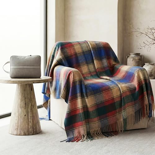 Soft Pure Wool Throw Blanket, Lightweight Warmth, 55"x83", Plaid, Fringe, Compact with Bag, Useful Gift for Women Men, All Season Decorative Cozy Travel Blanket for Couch Bed, Outdoors - color: Colorful Filed, size: Standard (1.5 lbs)