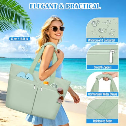 HUANLANG Large Beach Bags for Women Pool Bag with Zipper, Waterproof Sandproof Beach Tote Travel Bag with Wet Pocket - color: Green