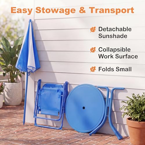 HONEY JOY Kids Picnic Table, Animal Themed Toddler Outdoor Table and Chair Set, 2 Folding Chairs & Removable Umbrella, Children Outdoor Furniture for Backyard Patio Garden (Blue Shark) - color: Blue Shark