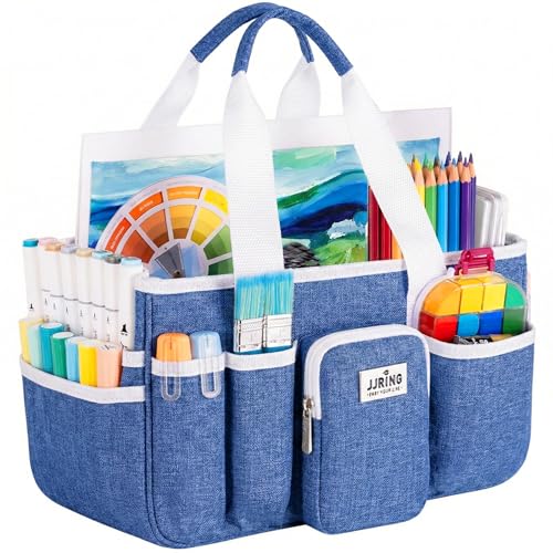 Jjring Craft Organizer Tote Bag, Portable Art Caddy with Adjustable Divider&Secure Zipper Pocket, Large Foldable Storage Tote for Scrapbooking, Sewing, Artist and Home(Blue) - color: Blue, size: Large
