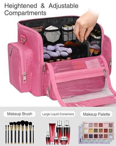 NAONAYA Pink Makeup Brush Bag, Clear Makeup Brush Holder with Lid, Extra Large Capacity Travel Cosmetic Bag Makeup Artist Must Haves,Make Up Organizers and Storage, with Adjustable Dividers - color: Pink