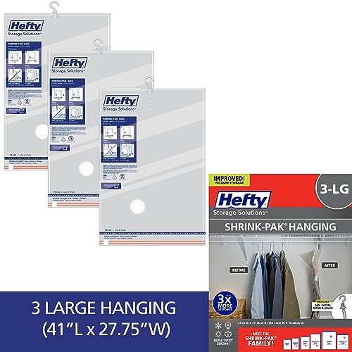 Hefty Shrink-Pak Vacuum Storage Bags - Space Saver for Under Bed Storage, Clothing and Comforters, 3X More Storage Space - 3 Large Hanging Bags - size: Large