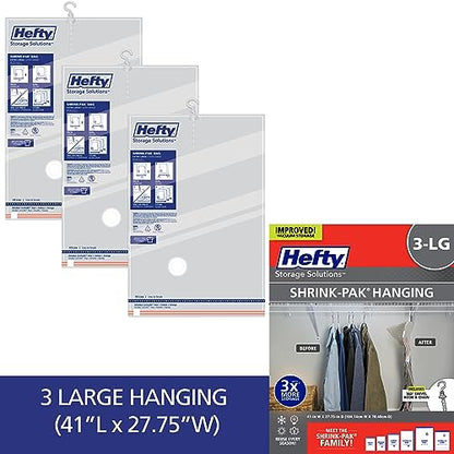 Hefty Shrink-Pak Vacuum Storage Bags - Space Saver for Under Bed Storage, Clothing and Comforters, 3X More Storage Space - 3 Large Hanging Bags - size: Large