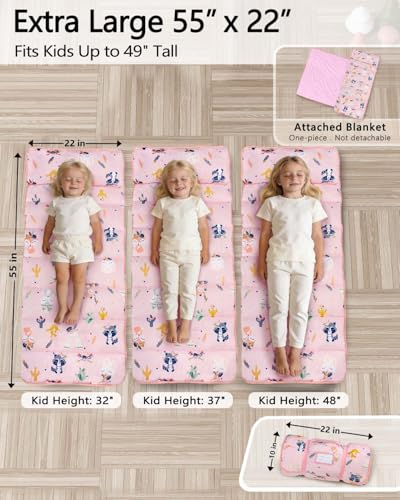 Primlect Thickened Toddler Nap Mat with Removable Pillow and Minky Blanket, Extra Large 55''x35'' Sleeping Bag, Washable, Roll up, Perfect for Daycare, Preschool, Kindergarten, Boys and Girls Pink Fox - color: Pink Fox